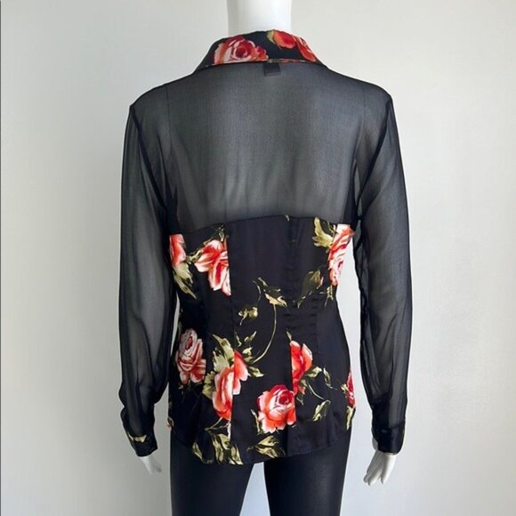 Cache Floral Button Front Mesh Detail Blouse - M - Picture 3 of 5